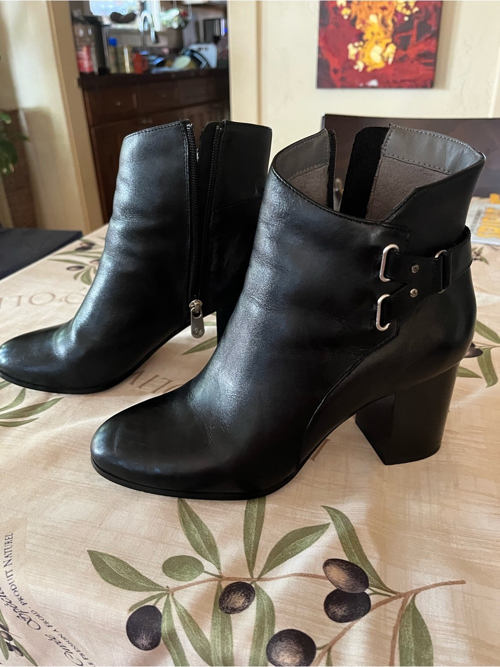 Adrienne Vittadini Black Leather Heeled Ankle Boots with Buckle